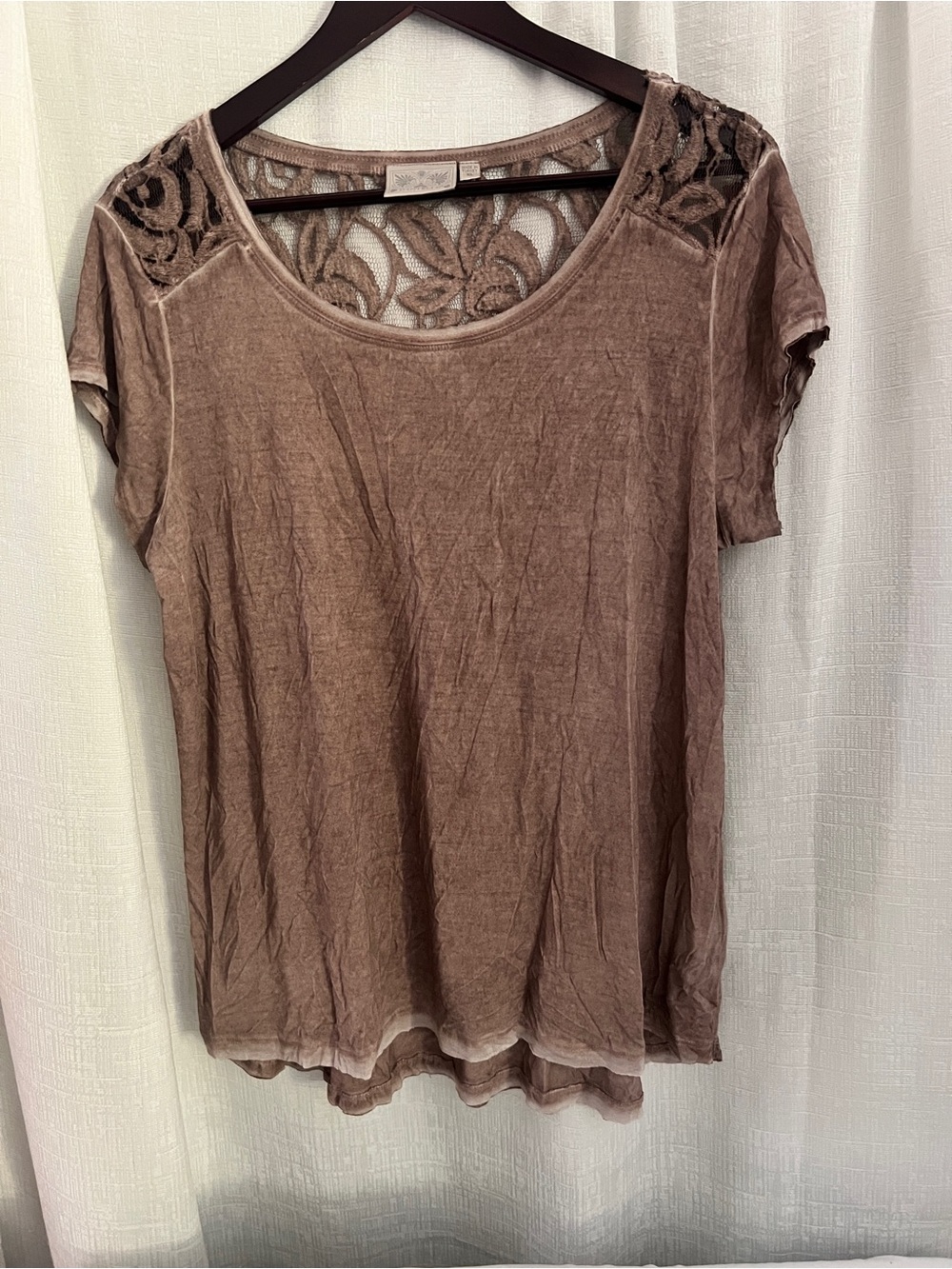 Dantelle Short Sleeve Top with Lace Yoke - Taupe SIZE XLG